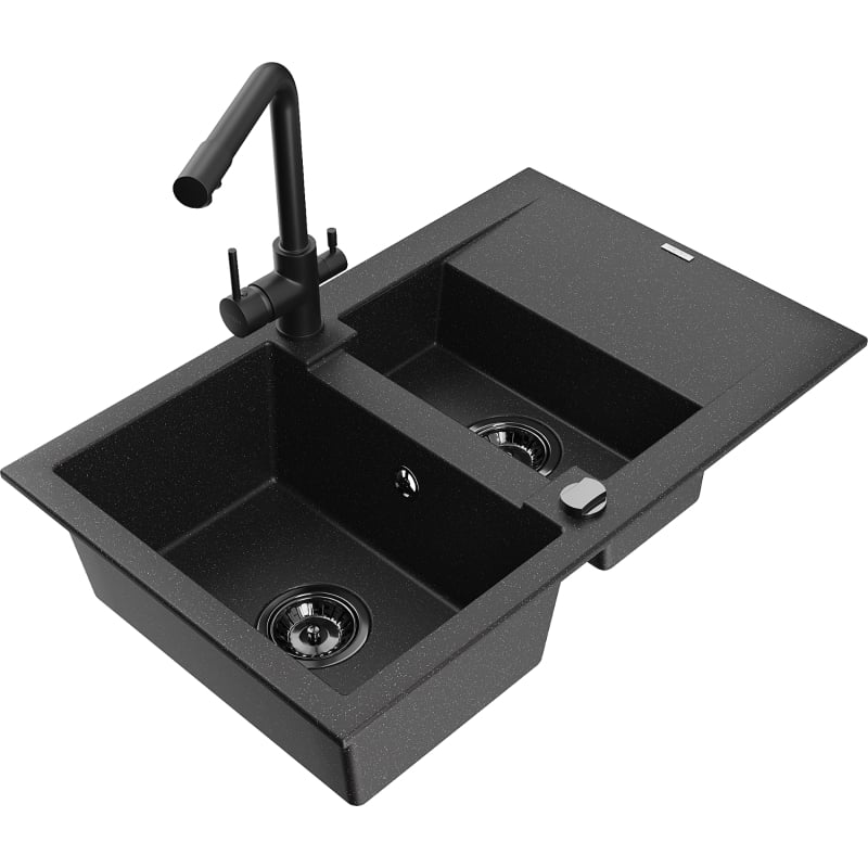 Mexen Gaspar granite kitchen sink 1.5-basin with drainer and kitchen faucet Duero, black/silver - 6507-73-671600-70-B