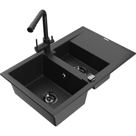 Mexen Gaspar granite kitchen sink 1.5-basin with drainer and kitchen faucet Duero, black/silver - 6507-73-671600-70-B