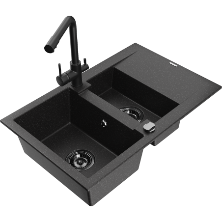 Mexen Gaspar granite sink 1.5-bowl with drainer and Duero kitchen tap, black/silver - 6507-73-671600-70-B