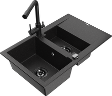 Mexen Gaspar 1.5-compartment granite sink with a drip tray and kitchen mixer tap Duero, Black/Silver - 6507-73-671600-70-B