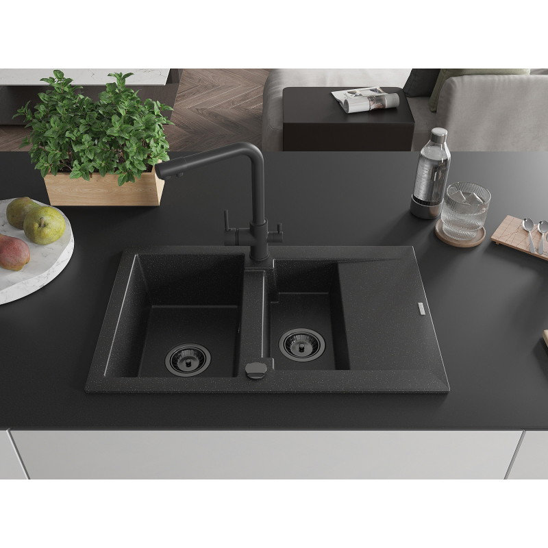 Mexen Gaspar granite sink 1.5-bowl with drainer and kitchen faucet Duero, black/silver - 6507-73-671600-70-B