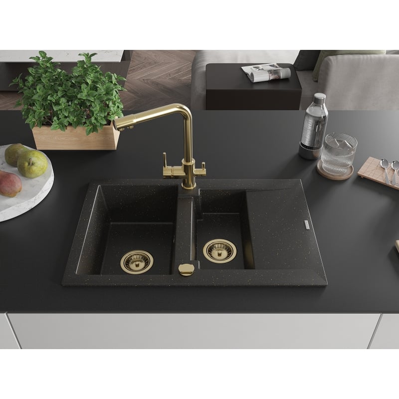 Mexen Gaspar granite sink 1.5-bowl with drainer and Duero kitchen faucet, black/gold metallic - 6507-75-671600-50
