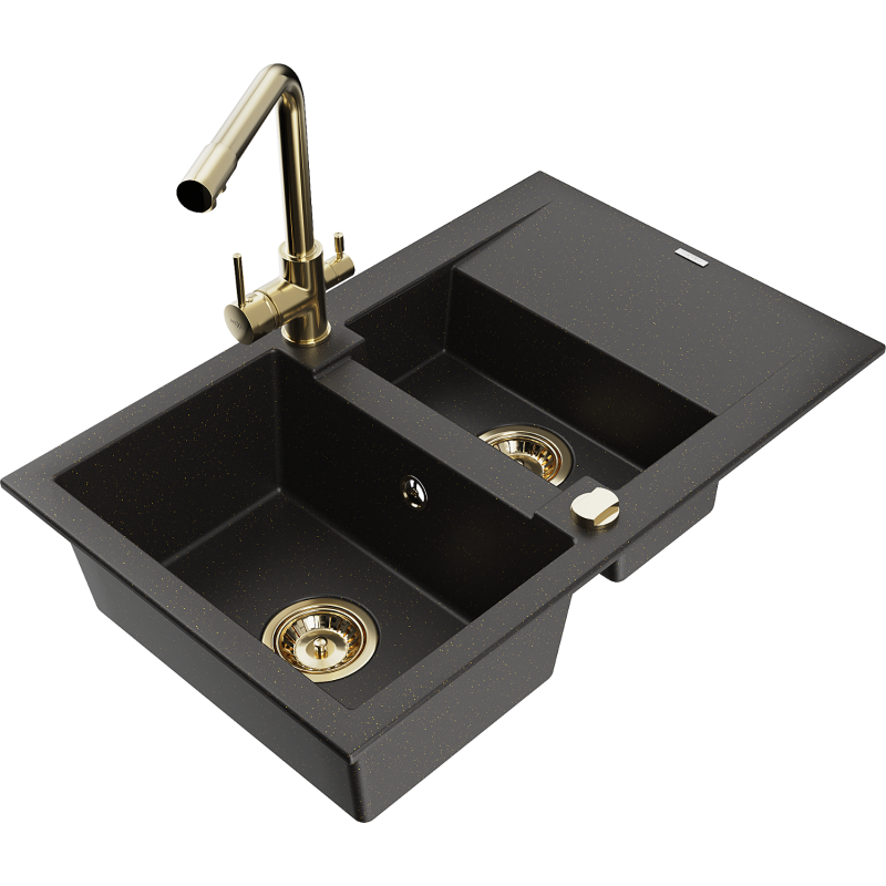 Mexen Gaspar 1.5-compartment granite sink with a drip tray and kitchen mixer tap Duero, Black/Gold metallic - 6507-75-671600-50