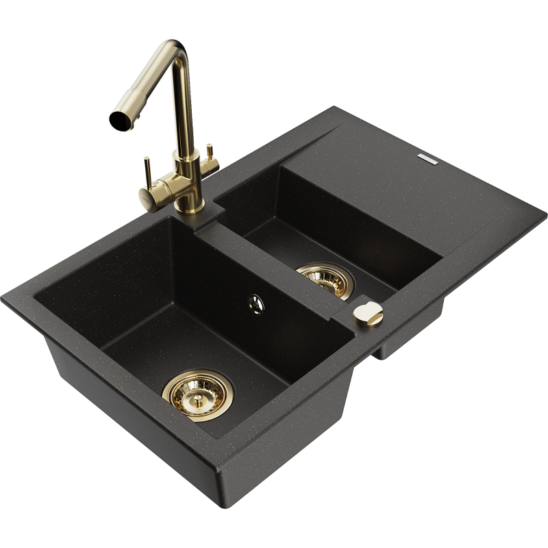Mexen Gaspar granite sink 1.5-bowl with drainer and Duero kitchen tap, black/gold metallic - 6507-75-671600-50