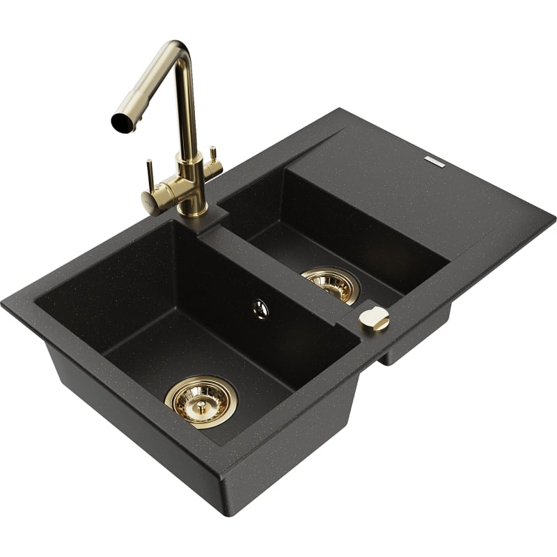 Mexen Gaspar granite sink 1.5-bowl with drainer and kitchen faucet Duero, black/gold metallic - 6507-75-671600-50