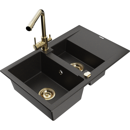 Mexen Gaspar granite sink 1.5-bowl with drainer and Duero kitchen tap, black/gold metallic - 6507-75-671600-50