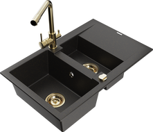 Mexen Gaspar granite sink 1.5-bowl with drainer and Duero kitchen tap, black/gold metallic - 6507-75-671600-50
