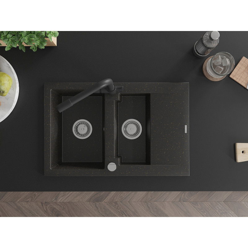 Mexen Gaspar granite sink 1.5-bowl with drainer and Duero kitchen tap, black/gold - 6507-75-671600-70