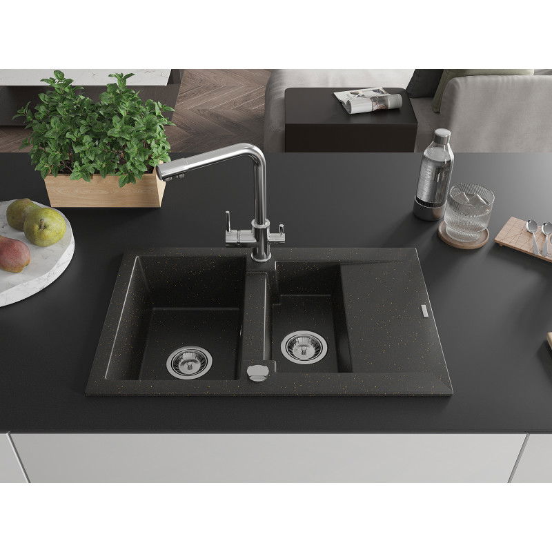Mexen Gaspar 1.5-bowl granite sink with drainer and Duero kitchen tap, black/gold metallic - 6507-75-671600-00