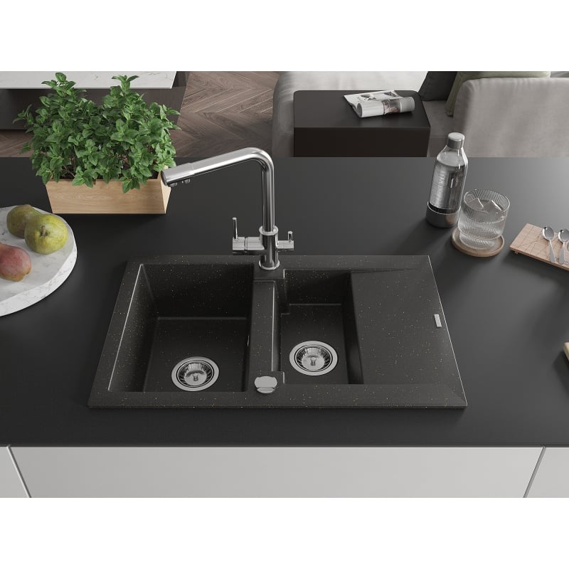 Mexen Gaspar granite sink 1.5-bowl with drainer and Duero kitchen faucet, black/gold metallic - 6507-75-671600-00