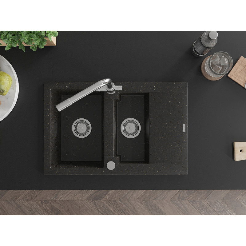 Mexen Gaspar 1.5-bowl granite sink with drainer and Duero kitchen tap, black/gold metallic - 6507-75-671600-00