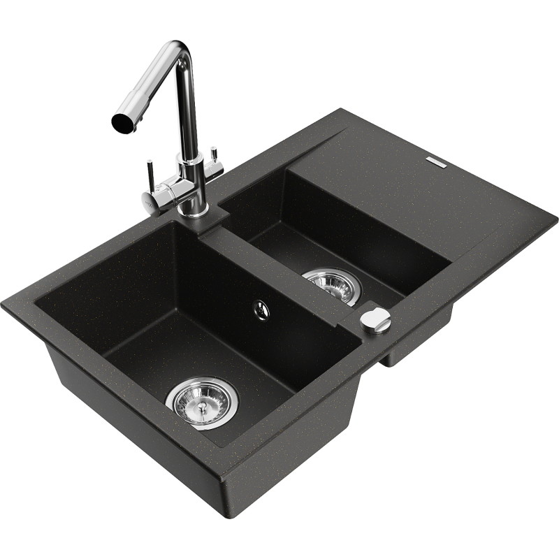 Mexen Gaspar 1.5-bowl granite sink with drainer and Duero kitchen faucet, black/gold metallic - 6507-75-671600-00