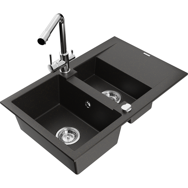 Mexen Gaspar 1.5-bowl granite sink with drainer and Duero kitchen tap, black/gold metallic - 6507-75-671600-00