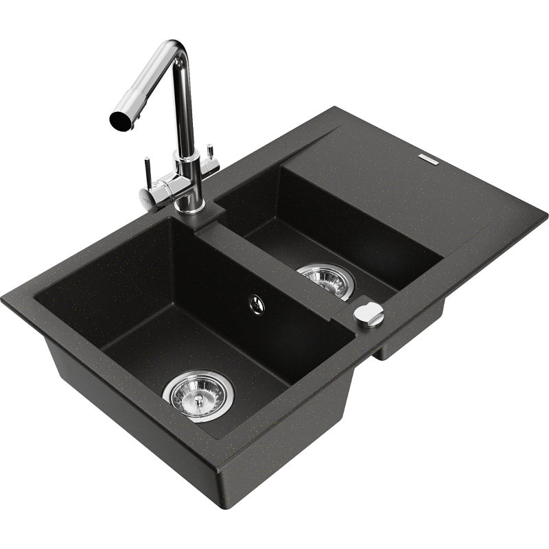 Mexen Gaspar 1.5-compartment granite sink with a drip tray and kitchen mixer tap Duero, Black/Gold metallic - 6507-75-671600-00