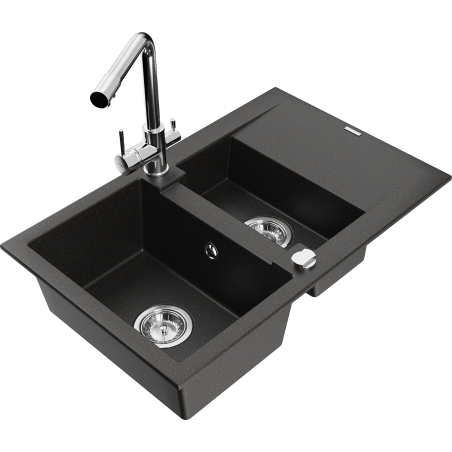 Mexen Gaspar 1.5-bowl granite sink with drainer and Duero kitchen faucet, black/gold metallic - 6507-75-671600-00