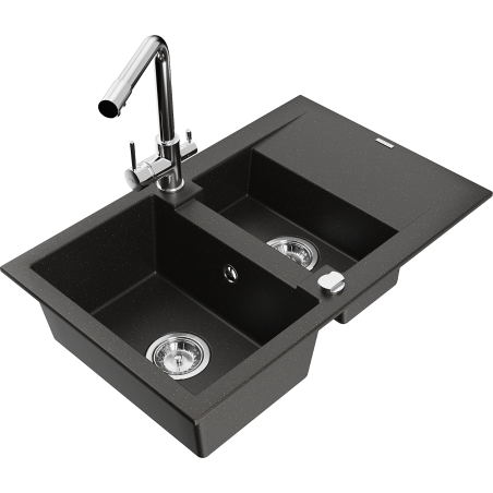 Mexen Gaspar granite sink 1.5-bowl with drainer and Duero kitchen faucet, black/gold metallic - 6507-75-671600-00