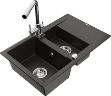 Mexen Gaspar 1.5-bowl granite sink with drainer and Duero kitchen faucet, black/gold metallic - 6507-75-671600-00
