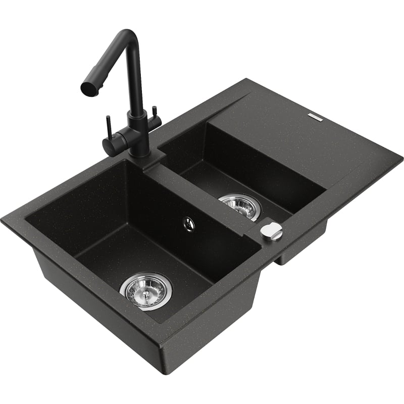 Mexen Gaspar 1.5-bowl granite sink with drainer and Duero kitchen faucet, black/gold - 6507-75-671600-70