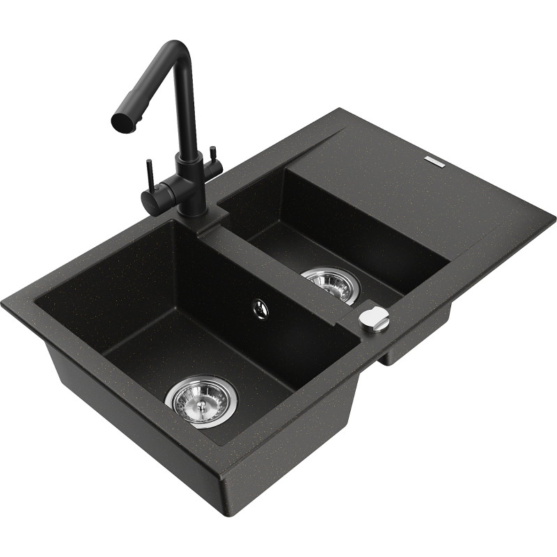 Mexen Gaspar granite kitchen sink 1.5-bowl with drainer and Duero kitchen faucet, black/gold - 6507-75-671600-70