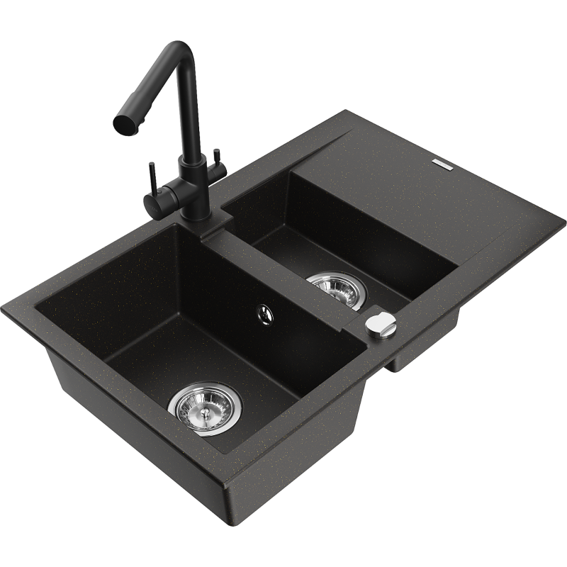 Mexen Gaspar granite sink 1.5-bowl with drainer and Duero kitchen tap, black/gold - 6507-75-671600-70