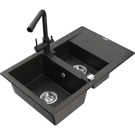 Mexen Gaspar 1.5-bowl granite sink with drainer and Duero kitchen faucet, black/gold - 6507-75-671600-70