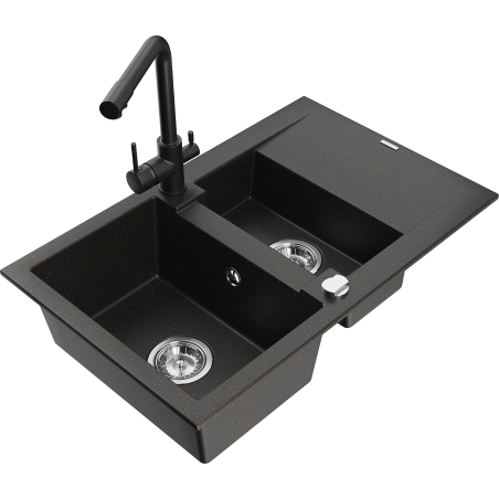 Mexen Gaspar 1.5-compartment granite sink with a drip tray and kitchen mixer tap Duero, Black/Gold - 6507-75-671600-70