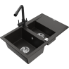 Mexen Gaspar 1.5-bowl granite sink with drainer and Duero kitchen faucet, black/gold - 6507-75-671600-70
