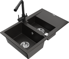 Mexen Gaspar 1.5-compartment granite sink with a drip tray and kitchen mixer tap Duero, Black/Gold - 6507-75-671600-70