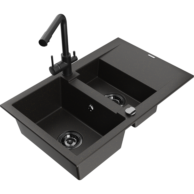 Mexen Gaspar 1.5-compartment granite sink with a drip tray and kitchen mixer tap Duero, Black/Gold - 6507-75-671600-70-B