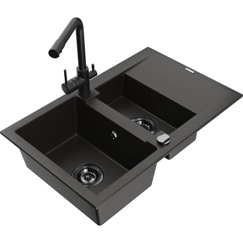 Mexen Gaspar granite sink 1.5-bowl with drainer and Duero kitchen faucet, black/gold - 6507-75-671600-70-B