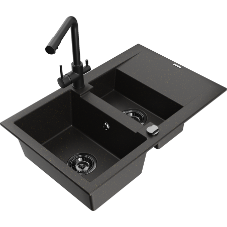 Mexen Gaspar granite sink 1.5-bowl with drainer and Duero kitchen faucet, black/gold - 6507-75-671600-70-B