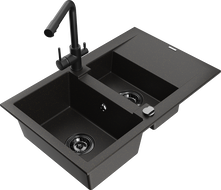 Mexen Gaspar granite sink 1.5-bowl with drainer and Duero kitchen faucet, black/gold - 6507-75-671600-70-B
