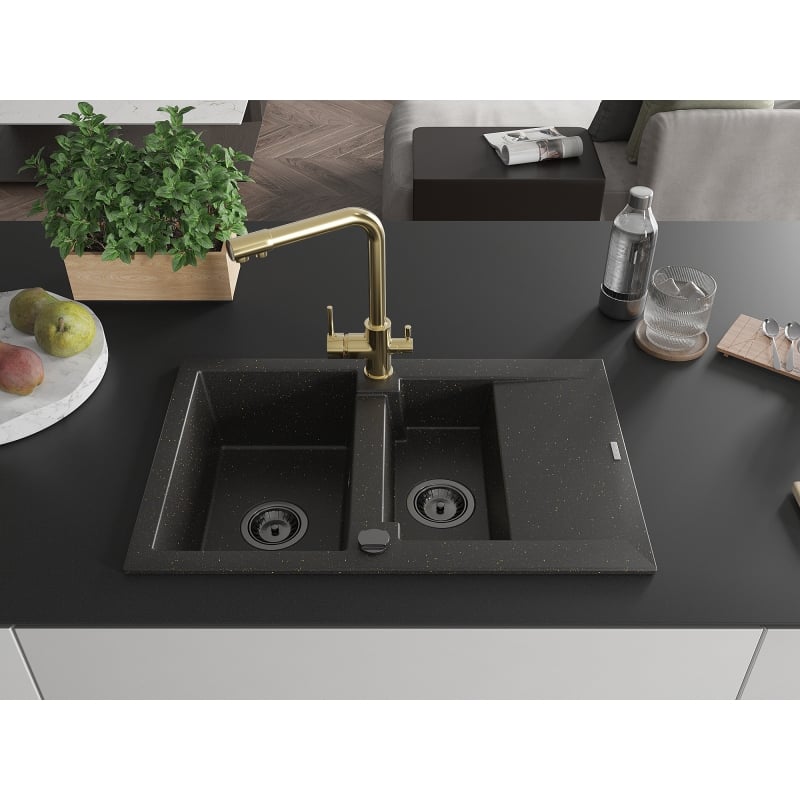 Mexen Gaspar granite sink 1.5-bowl with drainer and kitchen faucet Duero, black/gold - 6507-75-671600-50-B