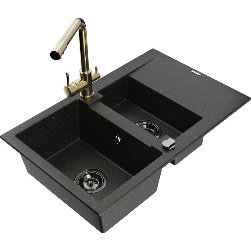 Mexen Gaspar 1.5-Bowl Granite Sink with Drainer and Duero Kitchen Faucet, Black/Gold - 6507-75-671600-50-B