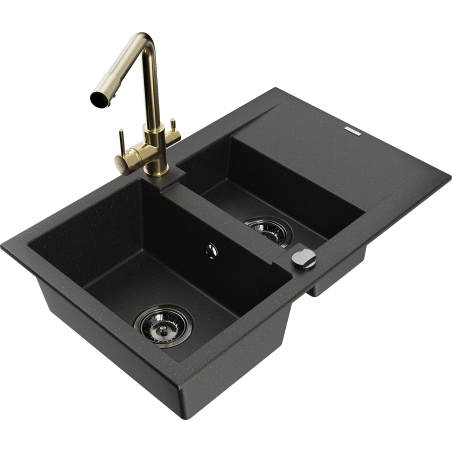 Mexen Gaspar 1.5-Bowl Granite Sink with Drainer and Duero Kitchen Faucet, Black/Gold - 6507-75-671600-50-B