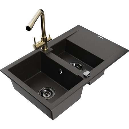 Mexen Gaspar granite sink 1.5-bowl with drainer and kitchen faucet Duero, black/gold - 6507-75-671600-50-B