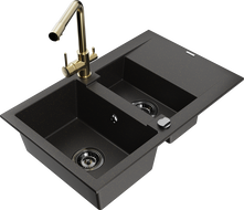 Mexen Gaspar 1.5-compartment granite sink with a drip tray and kitchen mixer tap Duero, Black/Gold - 6507-75-671600-50-B