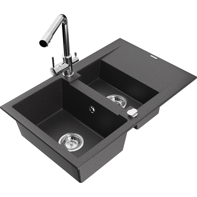 Mexen Gaspar 1.5-compartment granite sink with a drip tray and kitchen mixer tap Duero, spotted black - 6507-76-671600-00