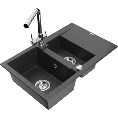 Mexen Gaspar 1.5-bowl granite kitchen sink with drainer and Duero kitchen tap, speckled black - 6507-76-671600-00