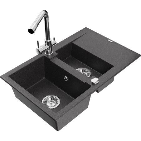 Mexen Gaspar granite kitchen sink 1.5-bowl with drainer and kitchen faucet Duero, black speckled - 6507-76-671600-00