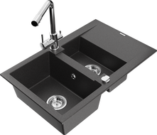 Mexen Gaspar 1.5-bowl granite kitchen sink with drainer and Duero kitchen tap, speckled black - 6507-76-671600-00