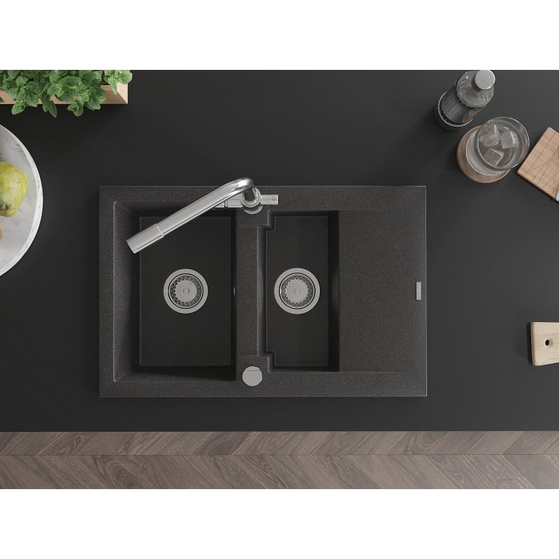 Mexen Gaspar Duero Granite 1.5-Bowl Sink with Drainer and Kitchen Faucet, Black Speckled - 6507-76-671600-00