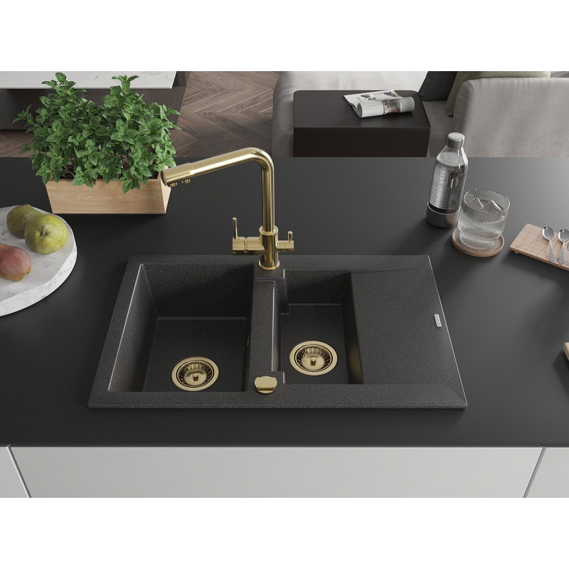 Mexen Gaspar 1.5-bowl granite sink with drainer and Duero kitchen faucet, black speckled - 6507-76-671600-50