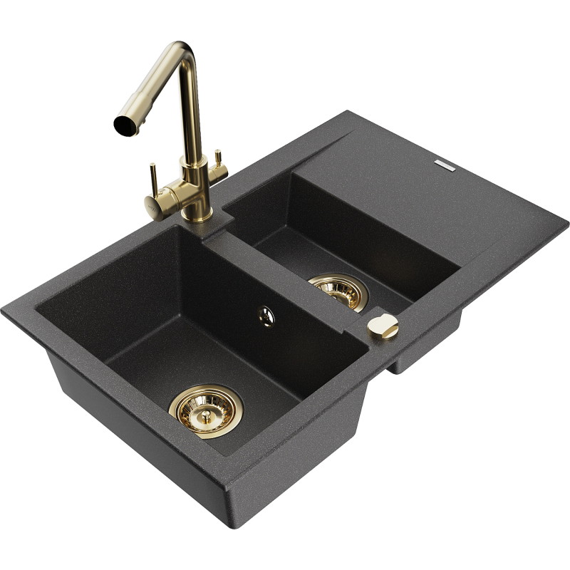 Mexen Gaspar 1.5-bowl granite sink with drainer and Duero kitchen faucet, black speckled - 6507-76-671600-50