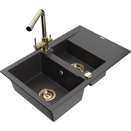 Mexen Gaspar 1.5-bowl granite sink with drainer and Duero kitchen faucet, black speckled - 6507-76-671600-50