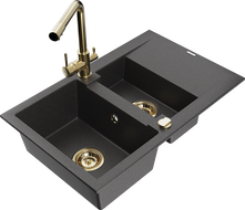 Mexen Gaspar granite sink 1.5-bowl with drainer and Duero kitchen tap, speckled black - 6507-76-671600-50