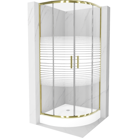 Mexen Rio semi-circular shower cabin 90 x 90 cm, white stripes, gold + tray, white - 863-090-090-50-20-4710