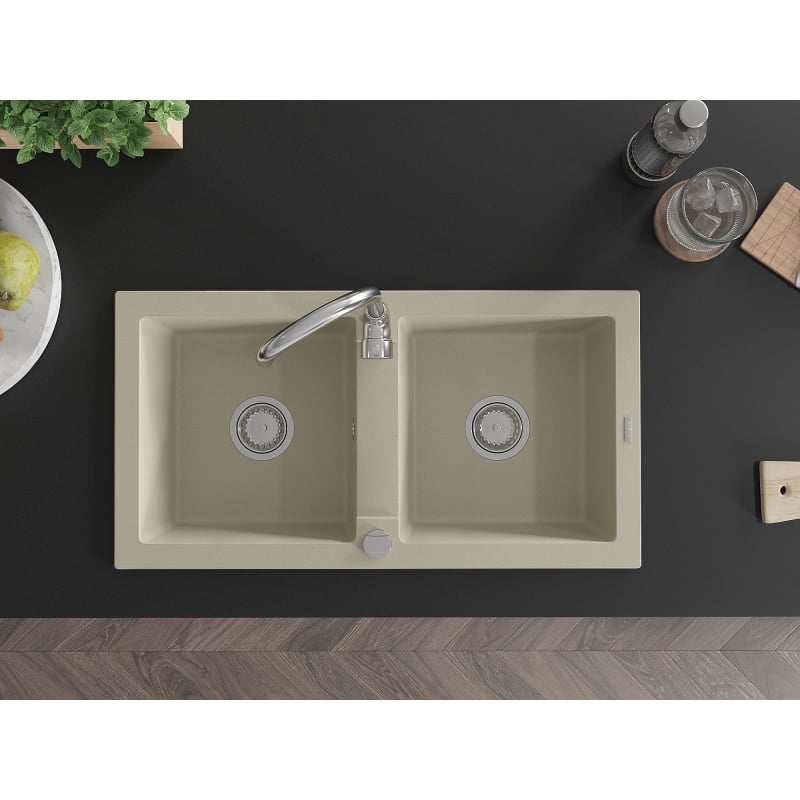 Mexen Mario 2-bowl granite kitchen sink with Telma kitchen faucet, beige - 6504-69-670200-00