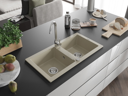 Mexen Mario granite sink 2-bowl with Telma kitchen tap, beige - 6504-69-670200-00