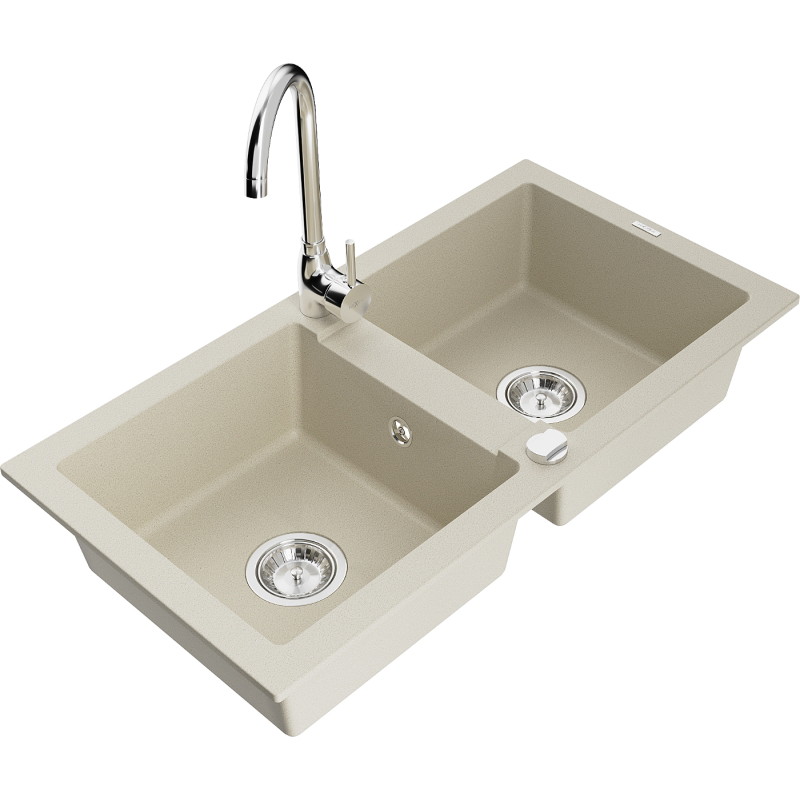 Mexen Mario 2-bowl granite kitchen sink with Telma kitchen faucet, beige - 6504-69-670200-00